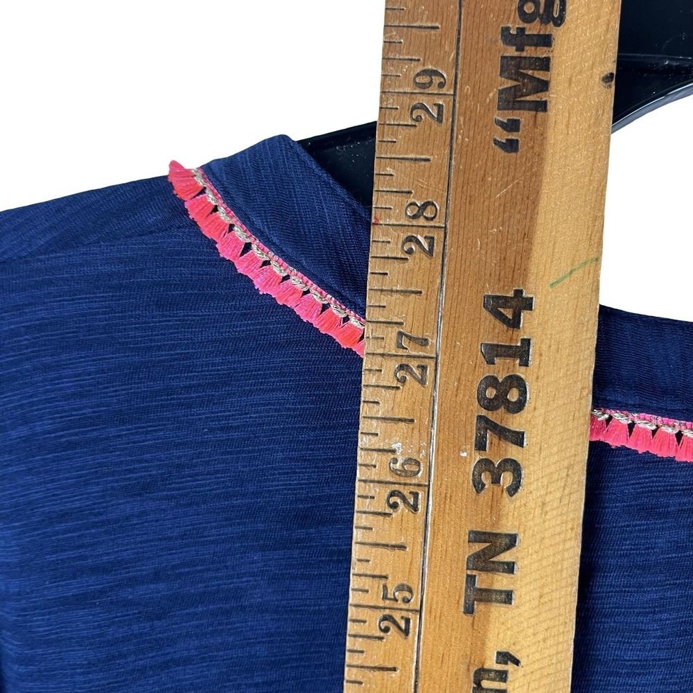 Lilly Pulitzer Kalissa Navy Blue‎ Top Tunic Medium Pink Tassel Trim Long Sleeve - Picture 8 of 9